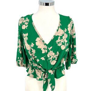 Sienna Sky Floral Wrap V-Neck Blouse Green Biege Size Small